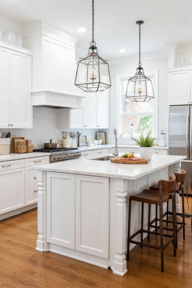 Standalone kitchen island with bar stools and pendant lighting