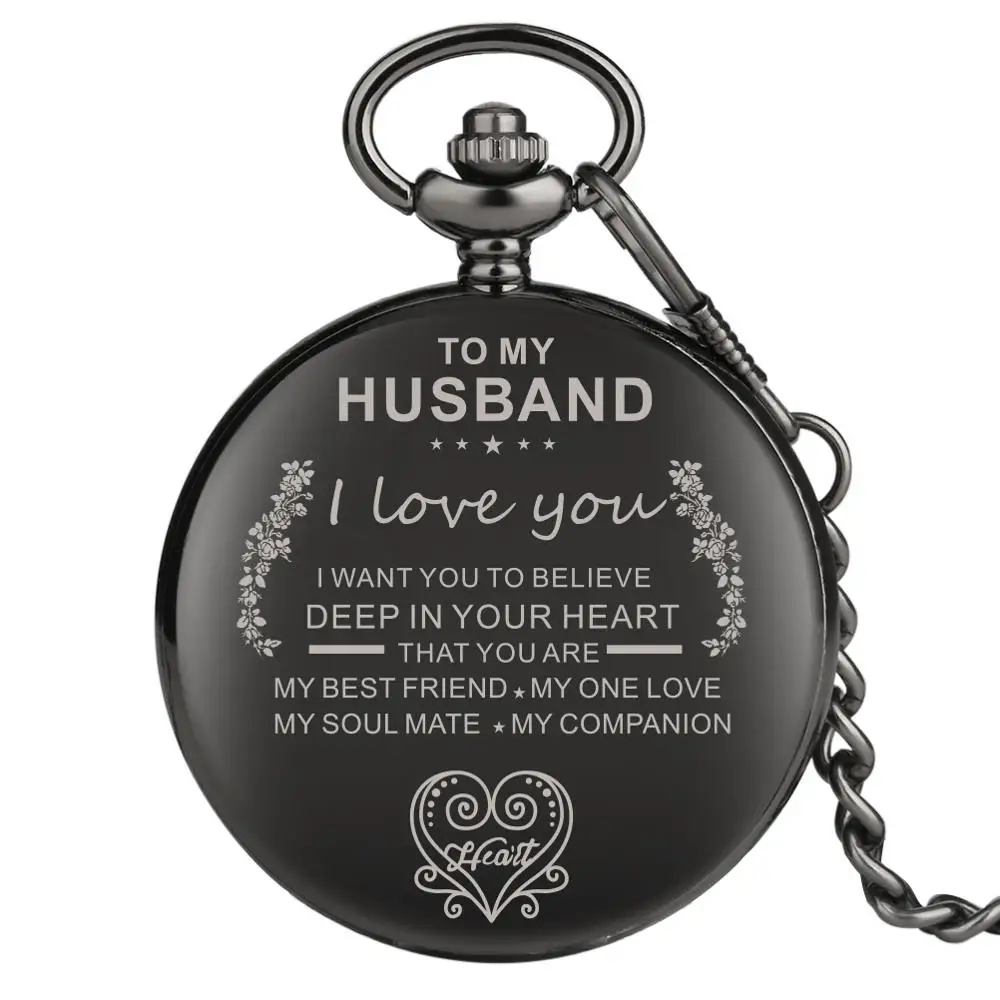 

Free Shipping Modern Men "To my Husband" Engrave Pocket Watch with Chain, Black