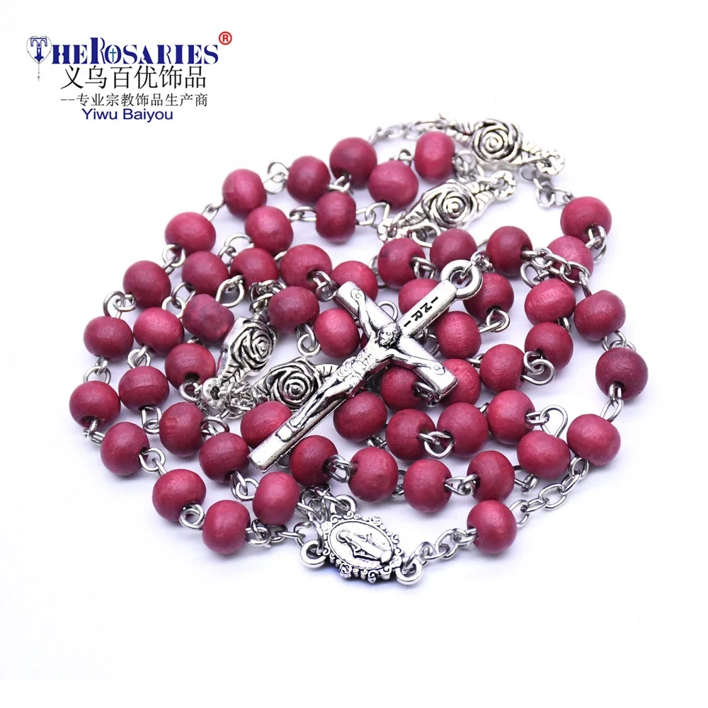 

Rose Pufume Wood Rosary Necklace Gold Catholicism Gift Religious Prayer Beads