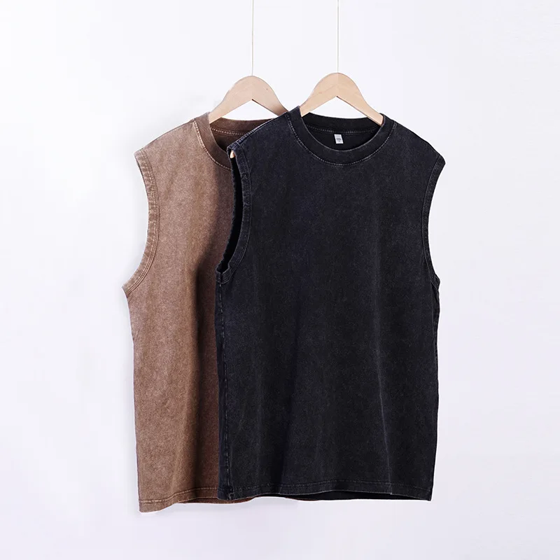 230g Heavy Weight Distressed Cotton Vest Retro Loose Washed Oversize T-shirt Men's Women's Casual Style Knitted Solid