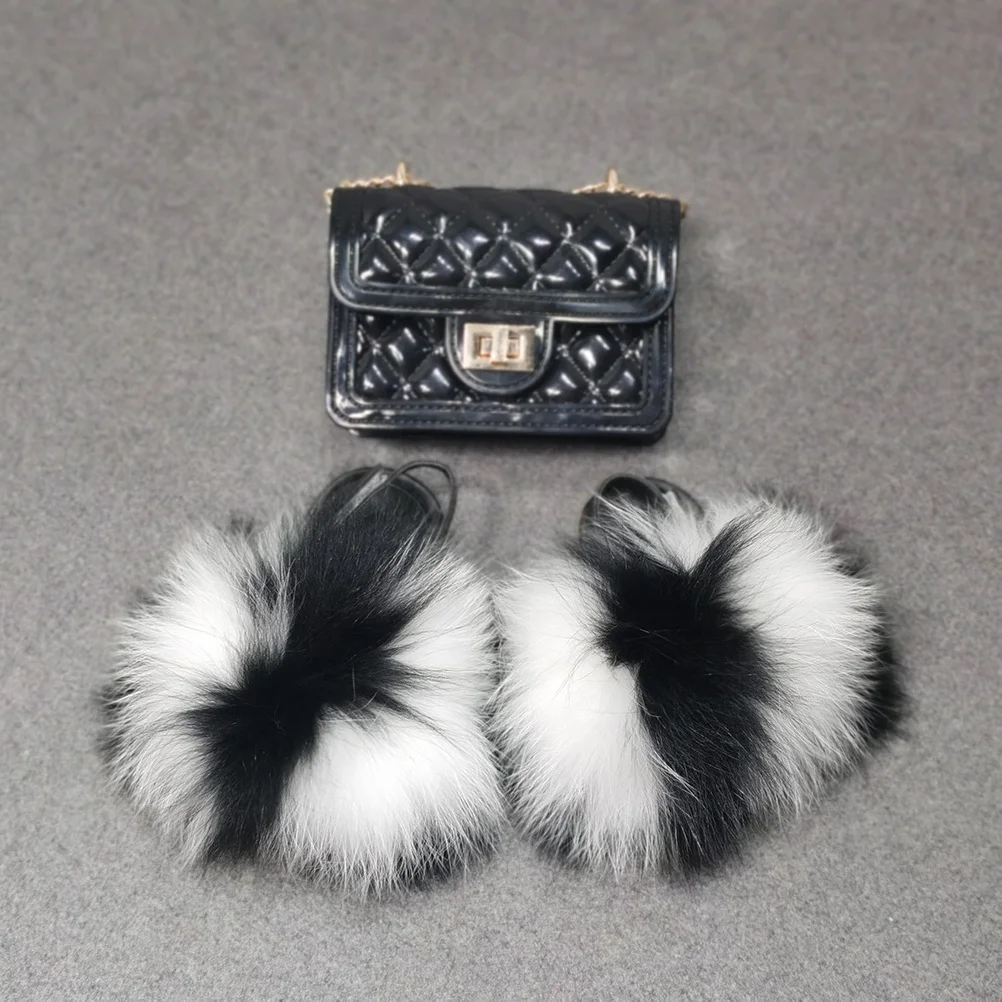 

Wholesale Mixed Colors Fashionable Real Fox Fur Slippers with strap Baby jelly bag set Raccoon Fur Cute kid fur slides, As picture show or customized