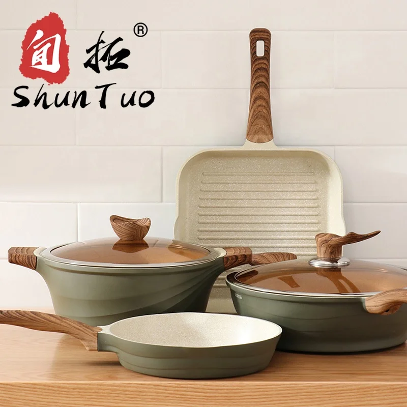 

manufacturers wholesale wok pot and pan steak cookwar marble granite forged aluminum nonstick ceramic cookware set, White and green