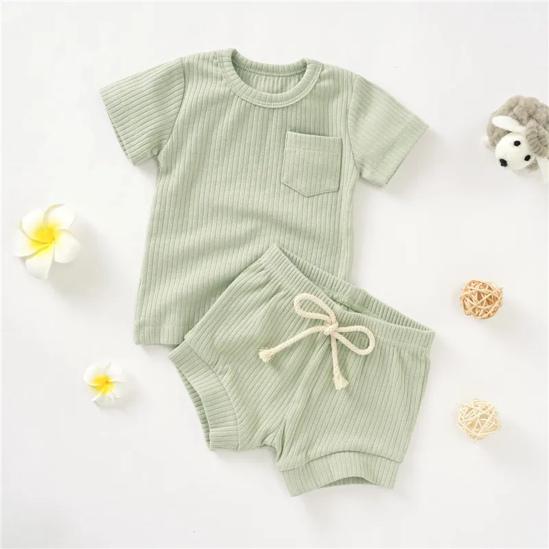 

Hot Sale Good Quality Organic Cotton Short Sleeves Summer Baby Clothes 2 Pieces Set Soft Pajama Set For Baby