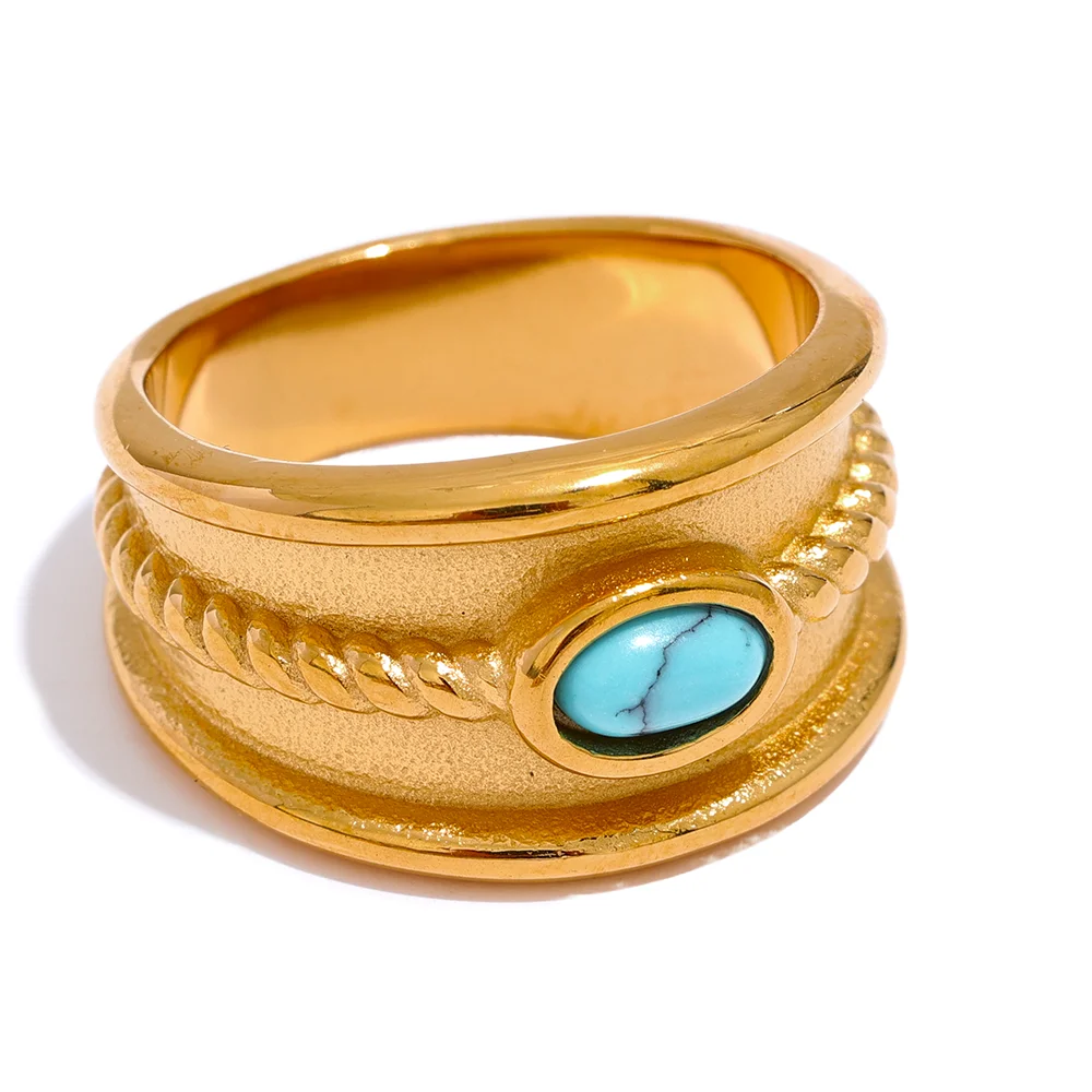 

JINYOU 339 Fashion Stainless Steel Geometric Wide Ring Gold Color 18K PVD Texture Turquoise Stone Charm Unisex Jewelry Women