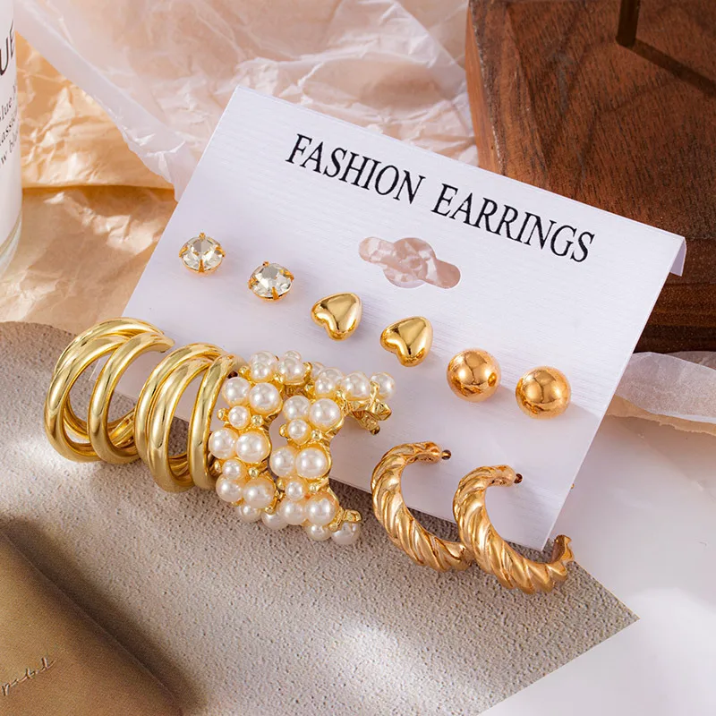 

Luxury 6pairs/Sets Earrings for Women Imitation Pearl Crystal Hoop Earrings Fashion Jewelry Crystal Ball Heart Earrings Brincos