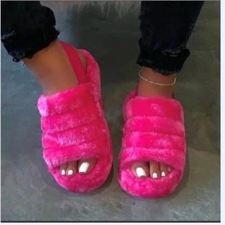 

Autumn Hairy Slippers Wear Women's Shoes New Solid Color Rubber Sandals Flat Fur Slippers, As picture