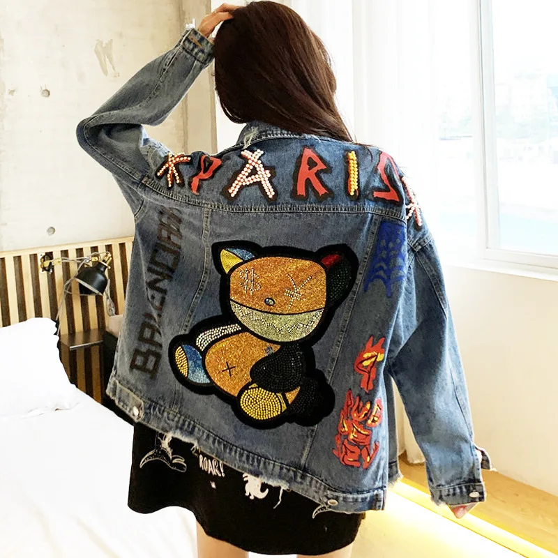 

2022 new Rhinestone Pearls Beading Blue Plus Size Women's Jackets Loose Long Sleeve Denim long jean jacket for women