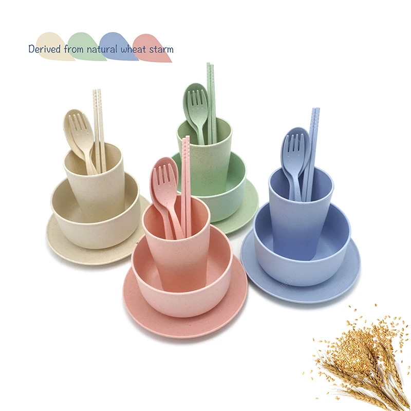 

BPA Free Children Tableware set 6pcs Biodegradable Wheat Straw Fiber Tableware, Blue, pink, green, cream color