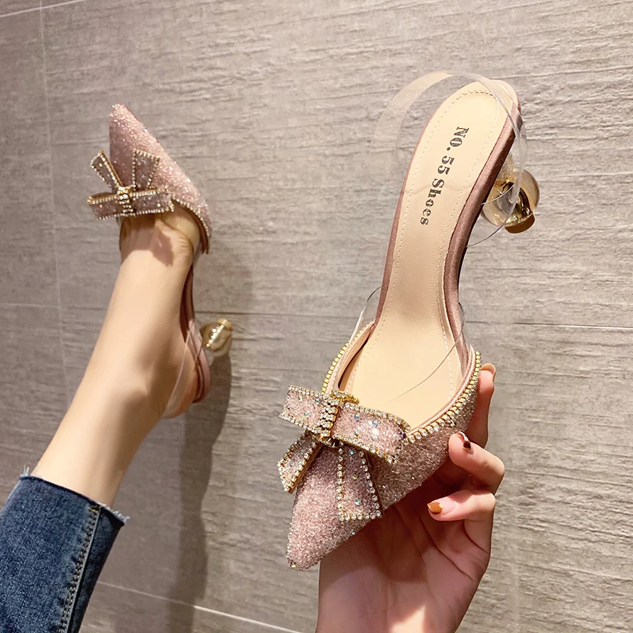 

Pointed bow ladies high heels rhinestone sandals hollow word transparent belt women high heel slipper shoes