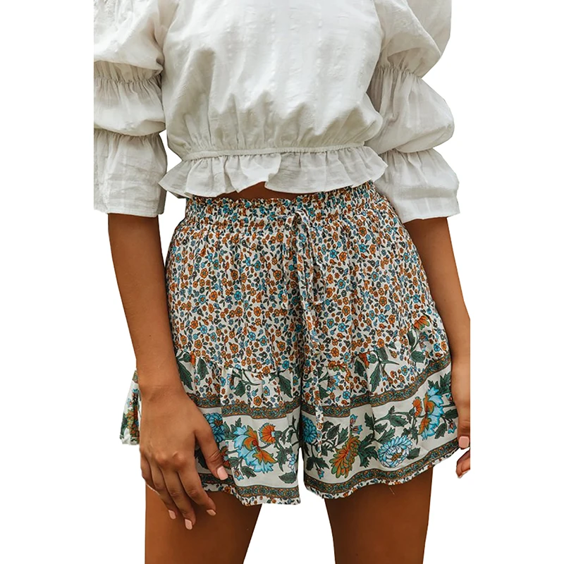 

2021 Womens Summer Boho Floral Print A-line Elastic Waist Shorts