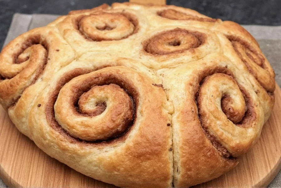 Finished cinnamon roll sourdough focaccia with visible swirl pattern and cream cheese drizzle