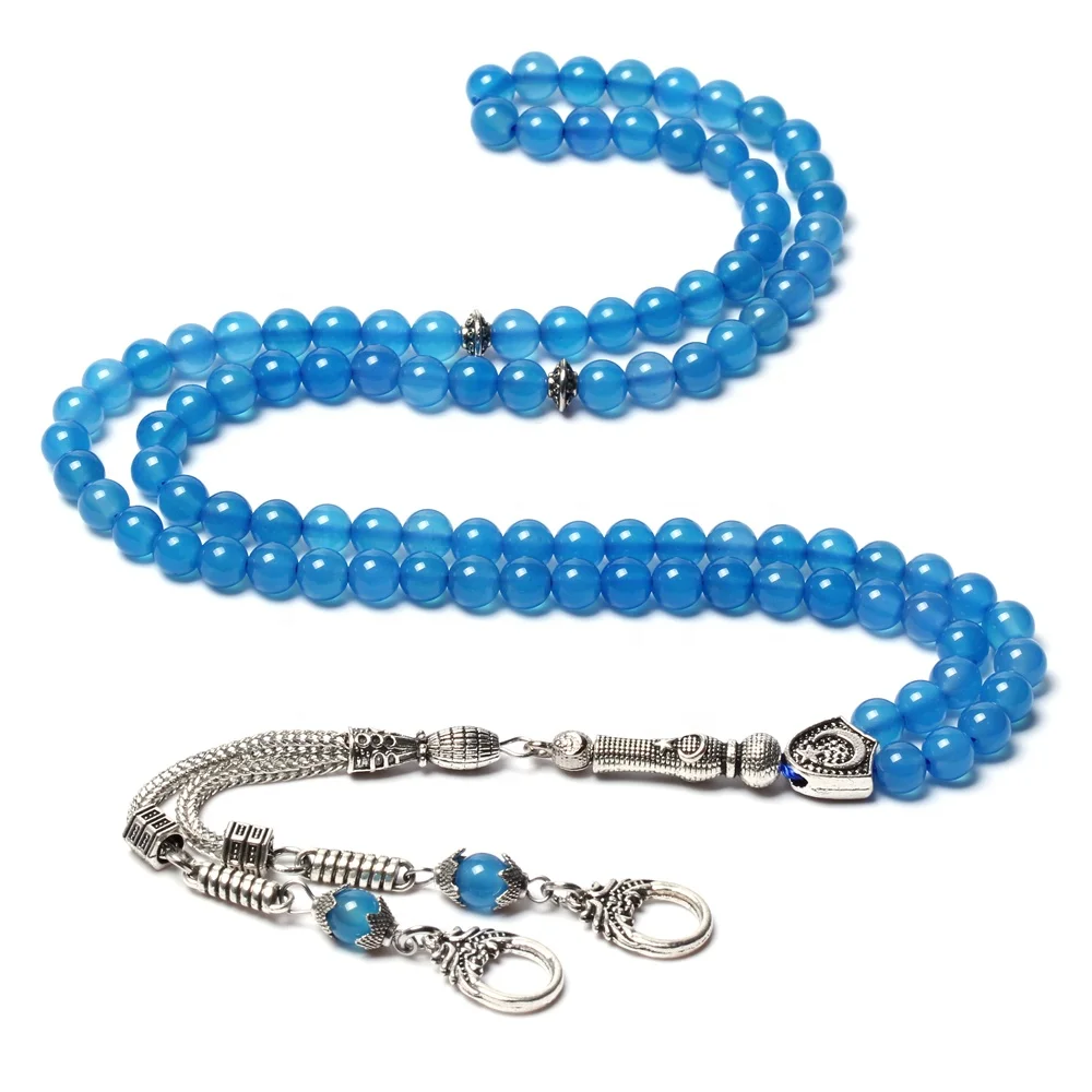 

Natural Blue Agate Stone 6mm 99pcs Allah Tasbeeh Muslim Prayer Beads Necklace Sibha Masbaha islamic Rosary tasbih