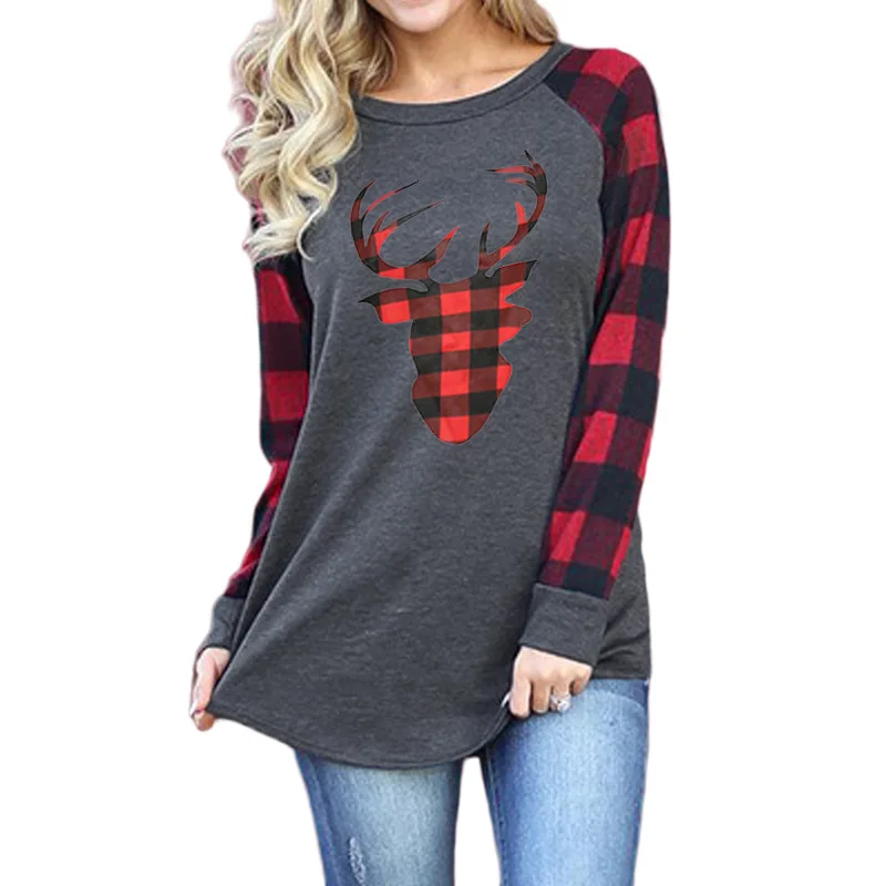 

Women's Top Checkered Deer Head Pattern Printed Round Neck Long Sleeve T-shirt, Gray red check sleeve