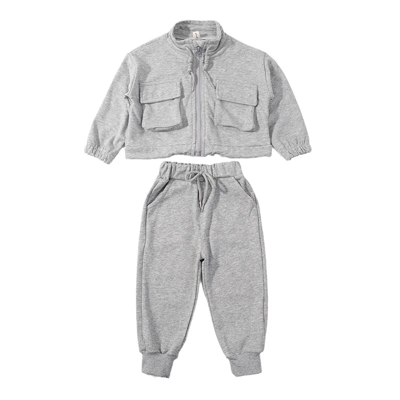 

KYO Kids Long-sleeved Three-dimensional Pocket Cardigan Suit for Boys and Girls Sports Two-piece Set, As picture