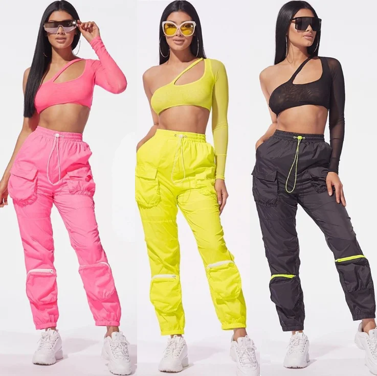 New Arrival Two Piece Set Tracksuit Autumn Women One Shoulder Mesh Crop Top+Pocket Pants Sexy 2 Piece Club Outfits Matching Sets