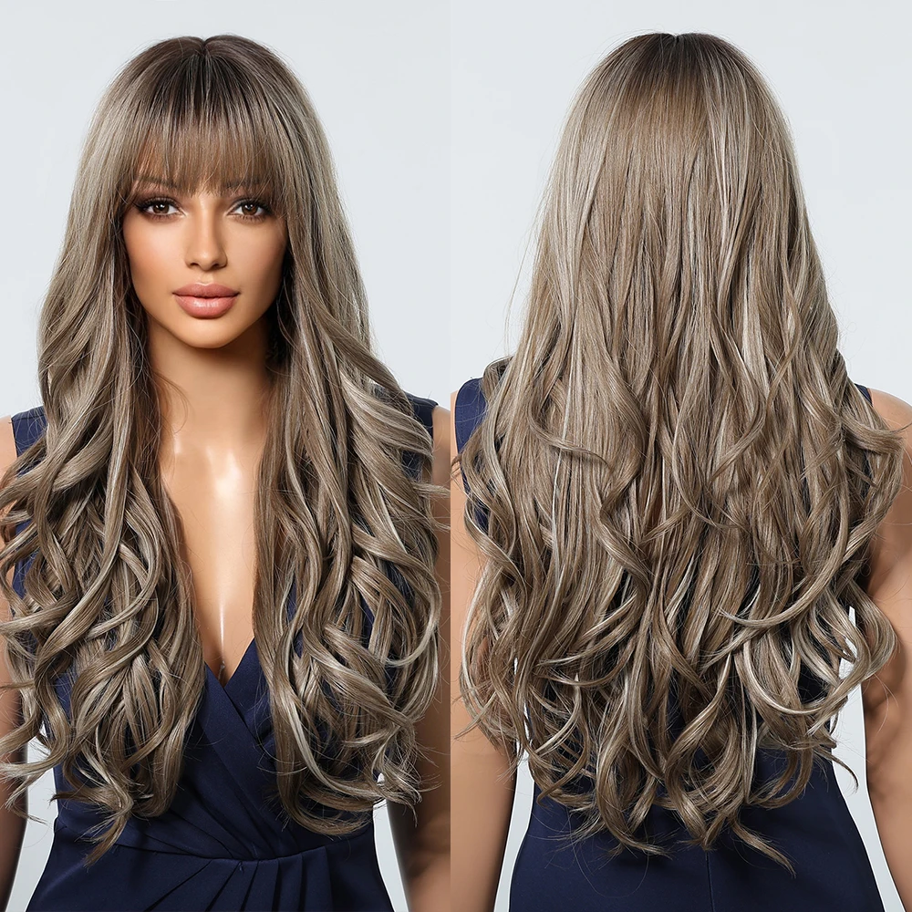 Stock Heat Resistant Fiber Dark Brown Gray Large Wave Curly Synthetic Wig Curly Hair Matte High Density for Everyone