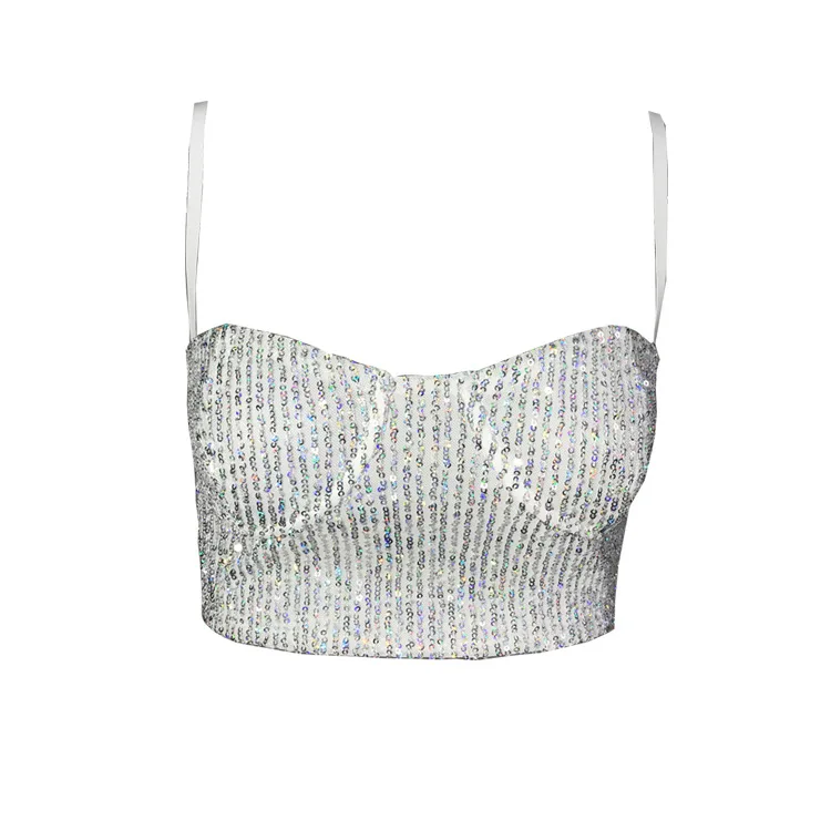 

2021 New sleeveless tops sexy bling Amazon ins nightclub stretch slim sequins strap crop tank magic color camisole small vest tu