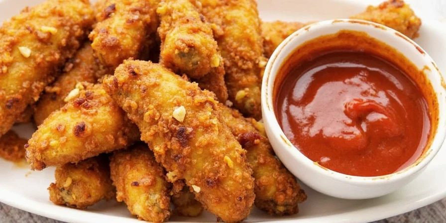Final platter of Nashville Hot Tenders with creative sides and dips