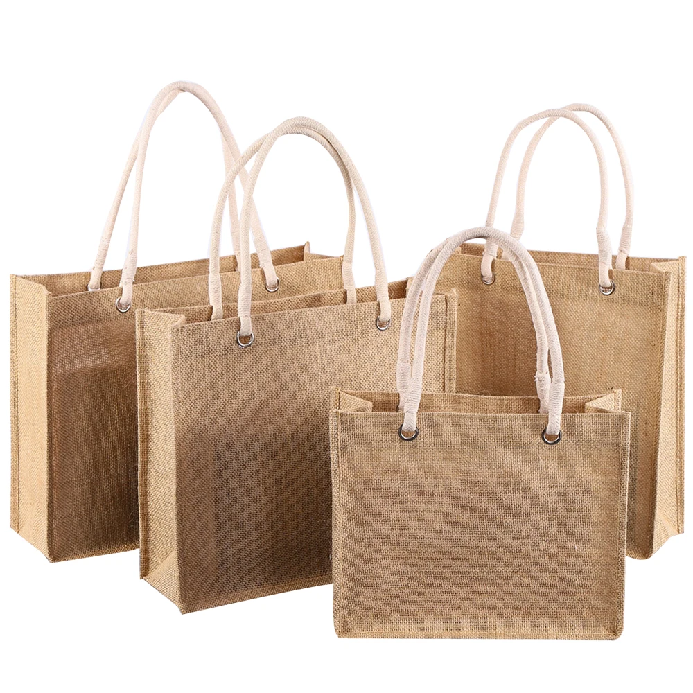 

Wholesale Burlap Reusable Shopping Bag with Cotton Rope Handles Logo Printiing  Eco Friendly Tote Bags Gift Jute Tote Bag, Natural color, custom as request