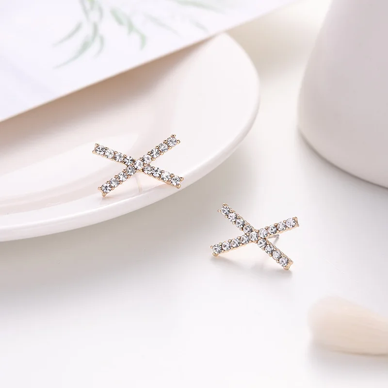 

JUHU 2021 New S925 Silver Needle Joker Cross Geometric Earrings Delicate Micro Diamond Girl Earrings