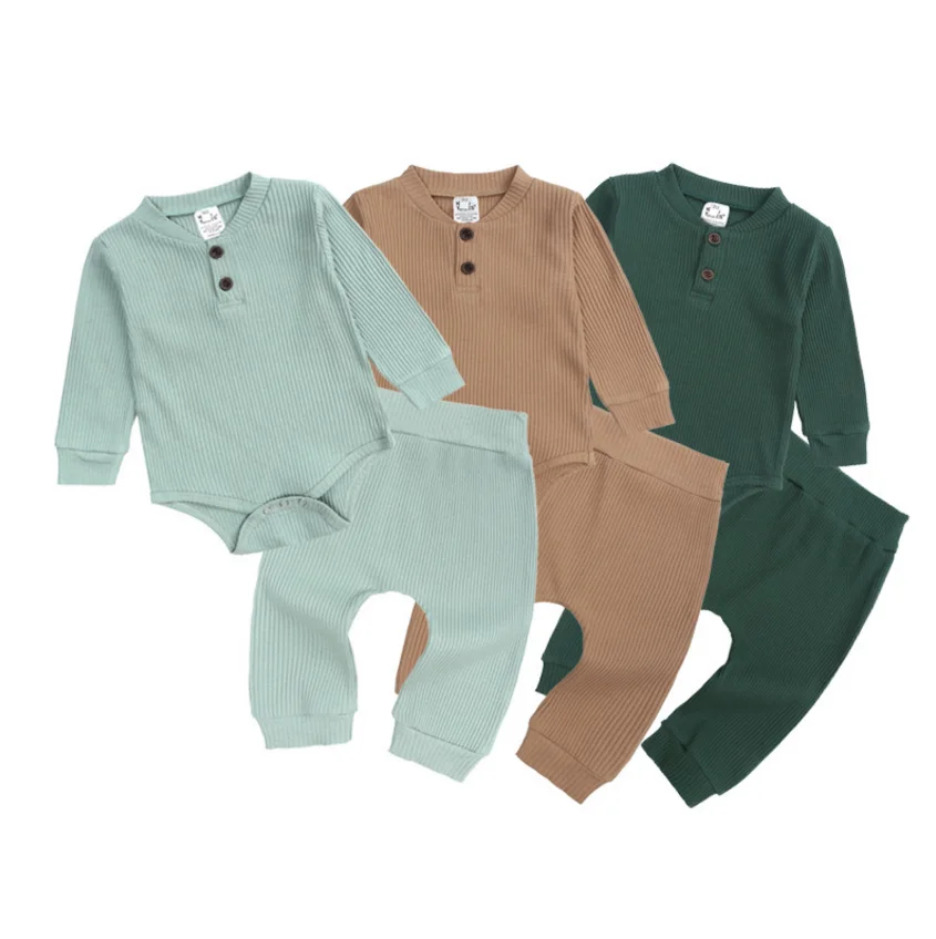 

0 to 24 months long sleeve ribbed cotton romper+pants 2pcs clothes casual baby clothing sets, Customized