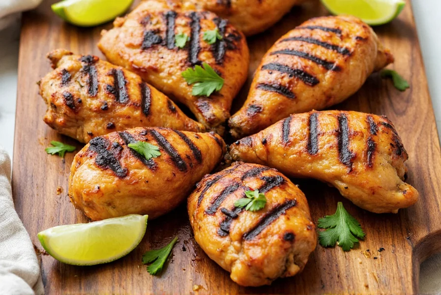 Perfectly grilled chili lime chicken with char marks, fresh lime wedges, and cilantro garnish on a wooden platter