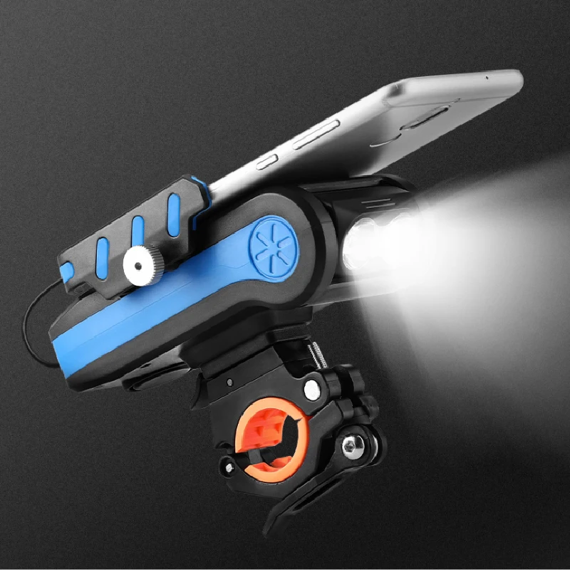 

4 Colors multi modes USB Rechargeable Bike Light with Outdoor Speaker & Mobile Phone Holder&Power bank 4-in-1 Headlights, Black red blue