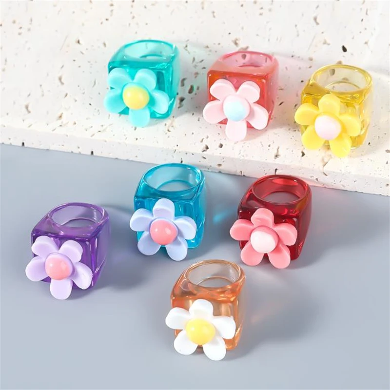 

Cute Colorful Resin Flower Rings Geometric Square Floral Shaped Acrylic Women Rings