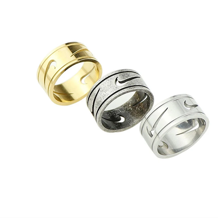 

New Hip Hop Swoosh Jewelry Dainty Chunky Gold Ring Stainless Steel Men Hook Sport Tick Rings, Picture