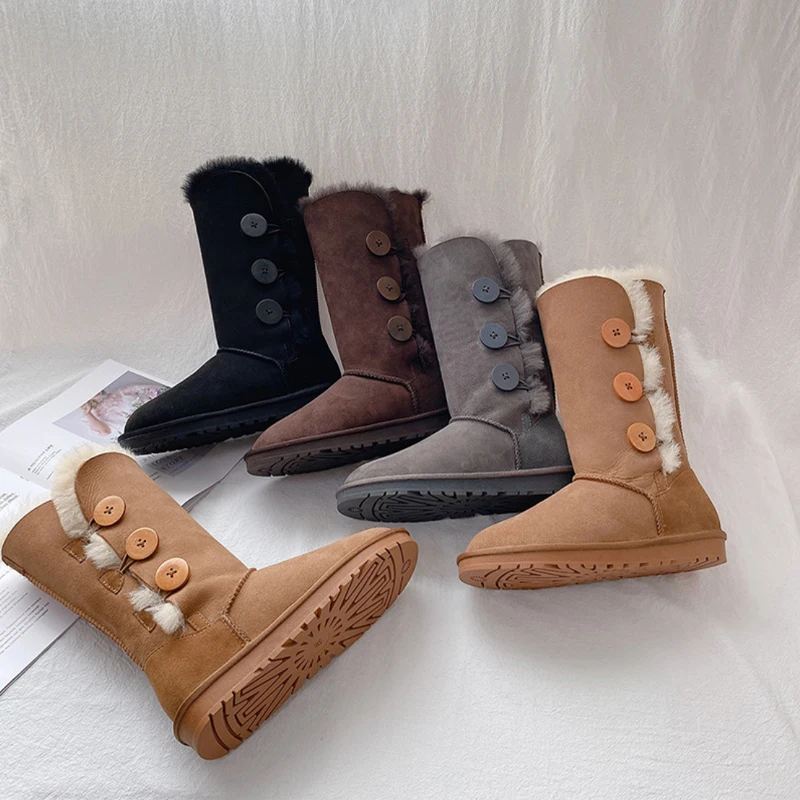 

Custom Logo Australian Casual Ladies Winter Simple Button Snow Shoes Outdoor Non-Slip Genuine Sheepskin Flat Heel Snow Boot, Picture