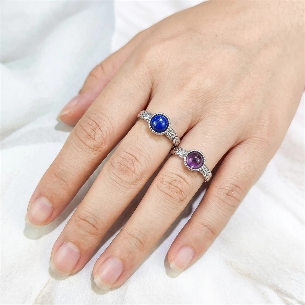 Custom Simple Design Women Bohemian Geometric Amethyst Jewelry Silver Plated Adjustable Ring Semiprecious Gemstone Blue Kyanite