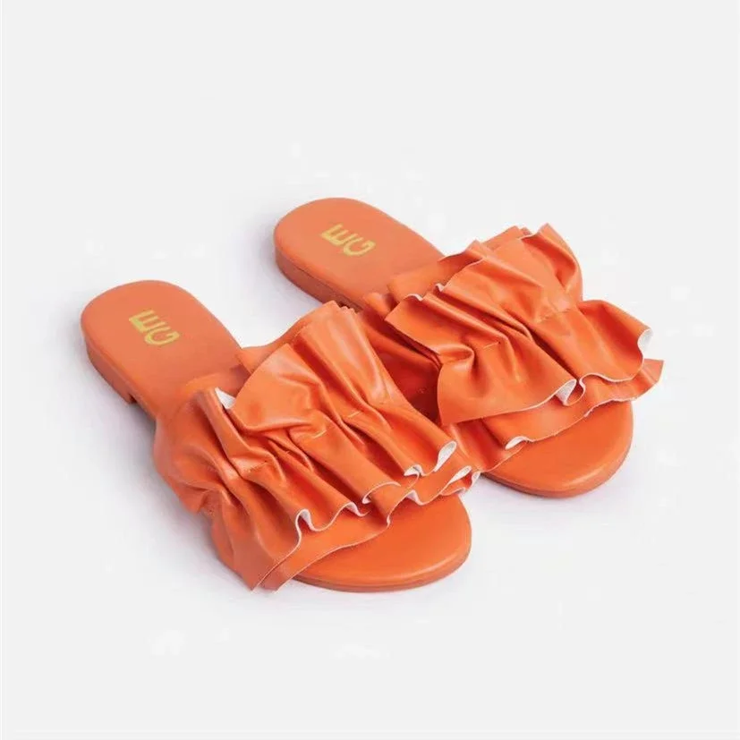 

J&H fashion ruffled design womens leather flats rsummer slip on casual outdoor beach shoes, 4 colors as picture