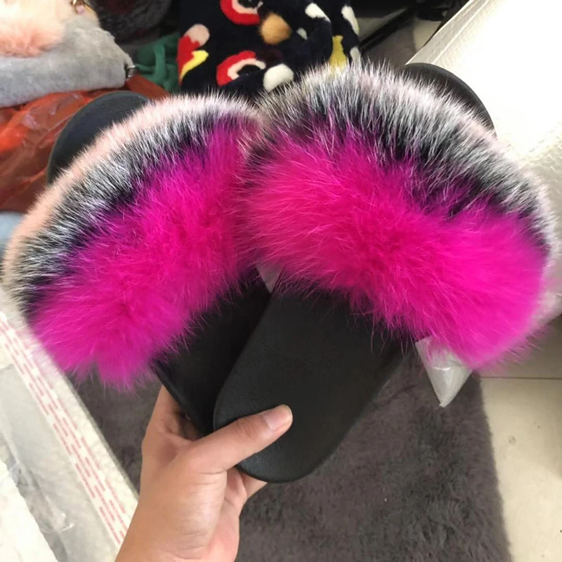 
China manufacture High Quality Furry Women raccoon fur slipper Slippers rainbow sandals fur slides 