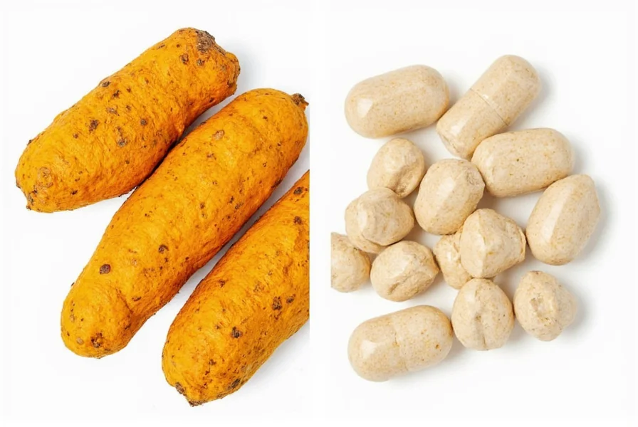 Turmeric root and capsules showing different forms of turmeric supplements
