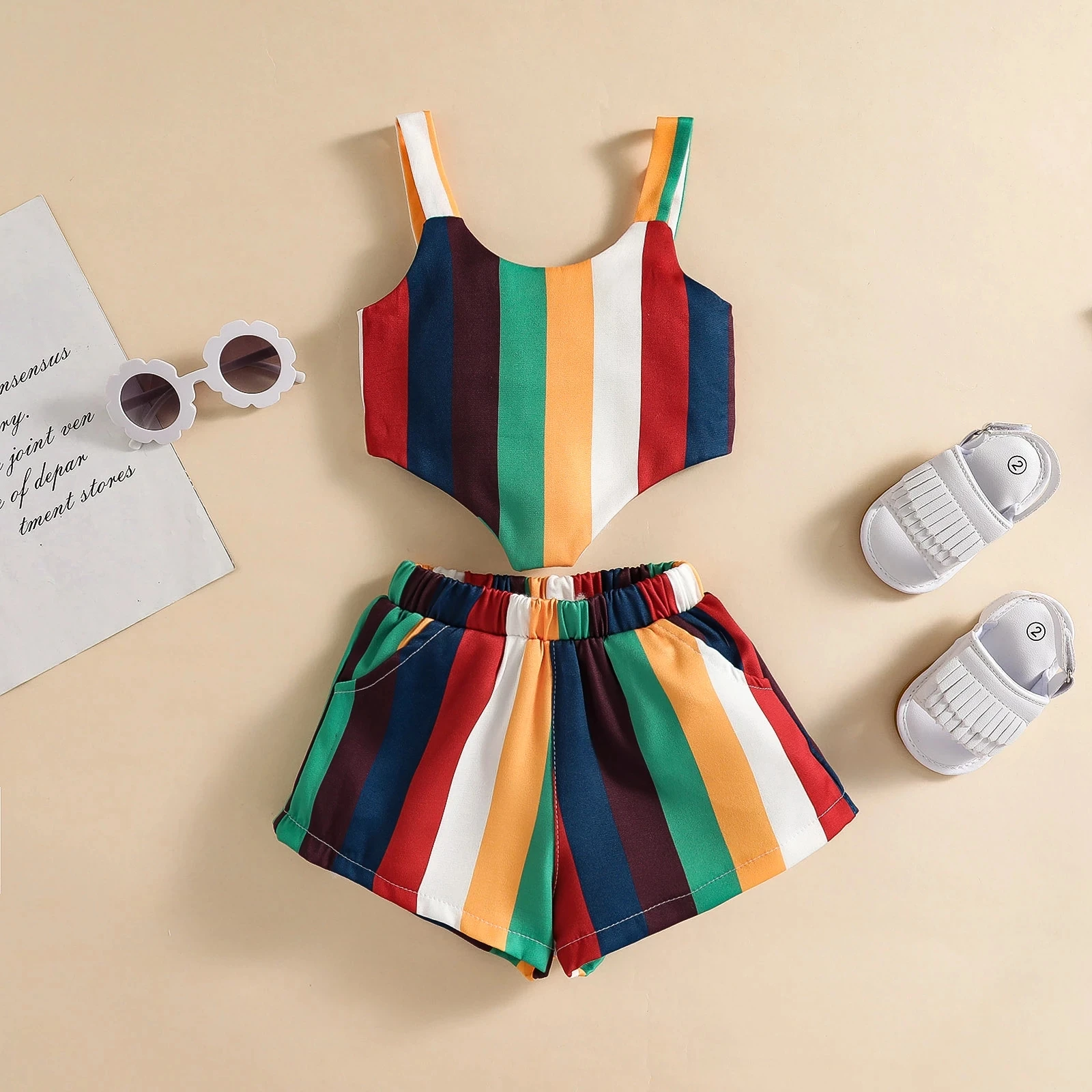 

Summer Fashion Kids Clothing Sets Rainbow Striped Printed Strap Sleeveless Vest Tops High Waist Short Children Girl Outfits