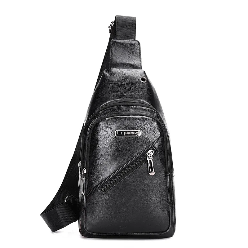 

USB Inside Black Outdoor Sport Men Leather Sling Chest Travel Bag For Man, 6 colors