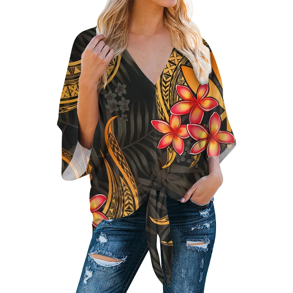 

Ladies Blouses Tops Chiffon Women Designs Polynesian Hawaii Tribal Flower Plumeria Print V Neck Elegant Blouses Chiffon Shirt, Customized color