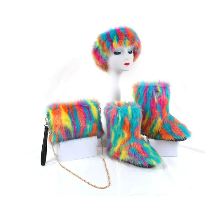 

Warm fur Three-piece sets of colorful boots, headwear and bag boots and matching purse