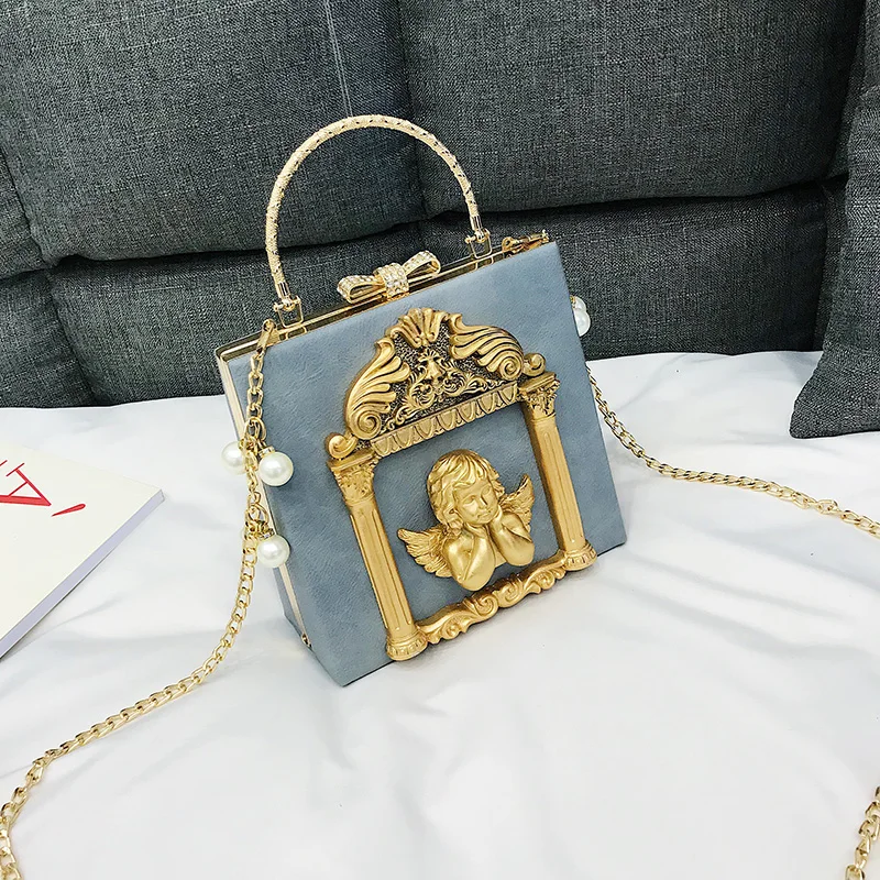 

2021 new angel embossed box bag fashion metal hand chain shoulder bag satchel for women, Multicolor