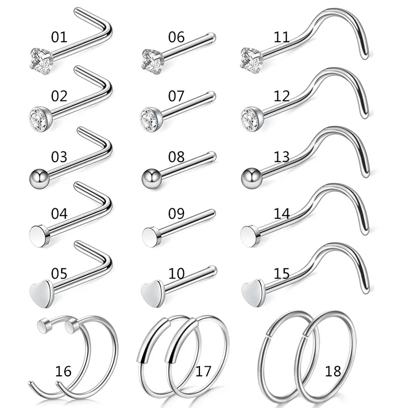 

21Pcs/Set Crystal Nose Hoop Rings Bone Bar Pin Cartilage Piercings Studs Piercing Jewelry Nose Ring Set