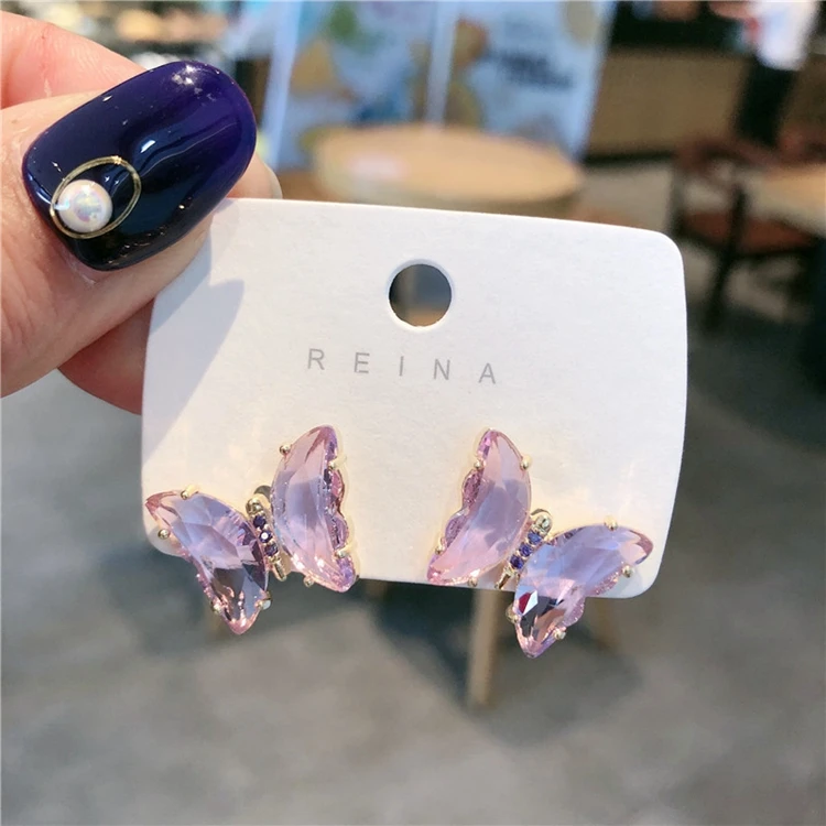 

Korean New Elegant Lady Wedding Trendy Insect Candy Color Shining Crystal Butterfly Women Stud Earrings, As pictures