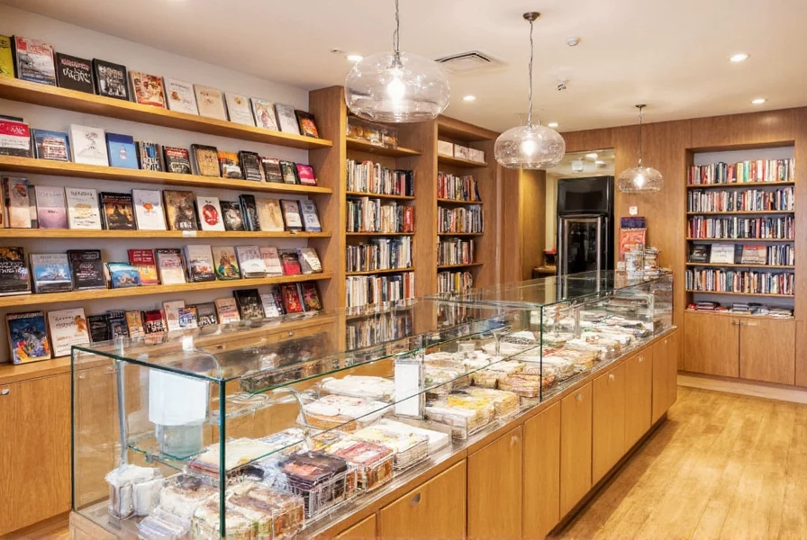 Barista serving freshly baked cinnamon bun with coffee in bookstore cafe area surrounded by bookshelves