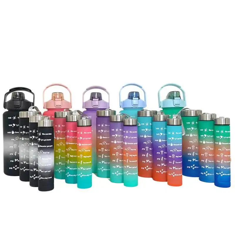 

4 in 1 Gym Sports Water Bottle 4pcs set Gradient Color bottle Set Portable Fitness Handle Straw Motivational bottle