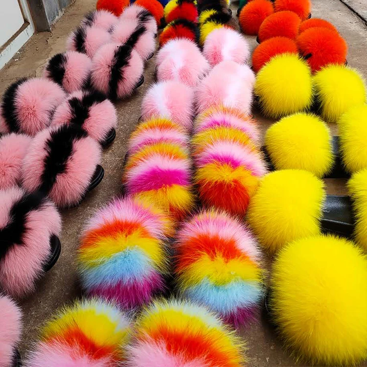 

Manufacture good quality kids fur slides Big fully fox fur slippers fur slides for women and kids, Customized color