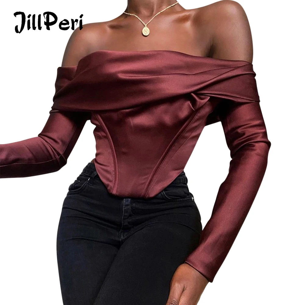 

JillPeri Satin Off Shoulder Draped Corset Crop Top Long Sleeve Wine Sexy Shirt Party Club Wear Bustier Tops