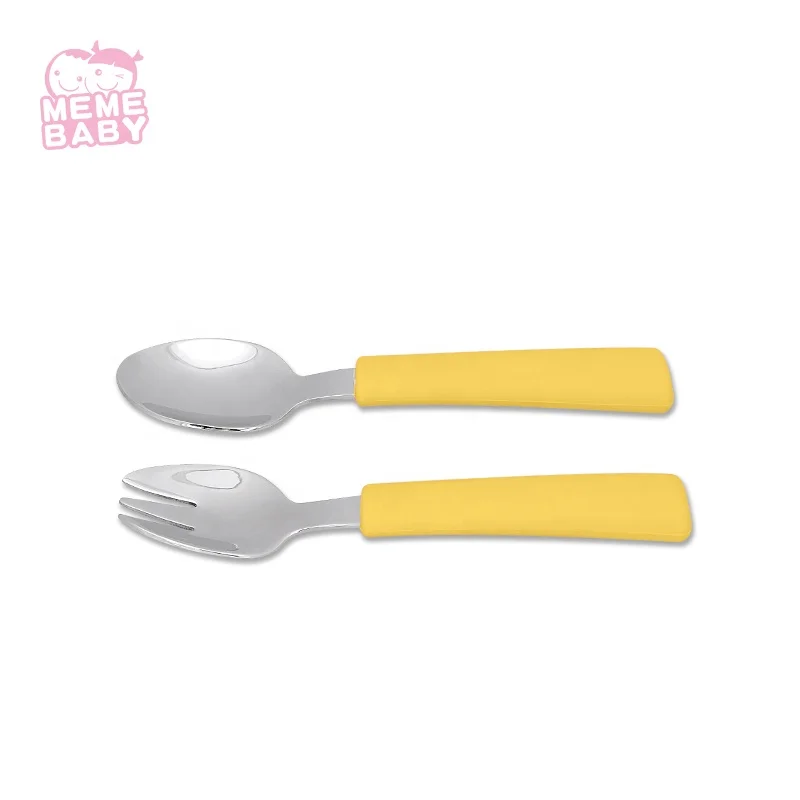 

LFGB New 2020 Custom Food Fruit Eco BPA Free Stainless Steel Silicone Spoons And Forks Set Cutlery Baby Infant Toddler Kid, Yellow, grey, customized