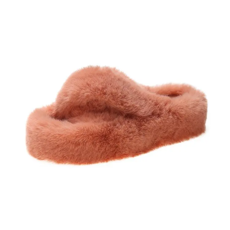 

Wholesale Indoor outdoor Platform Fluffy Slippers Cross Fur Slides Sandals Slippers for women, Black, blue, khaki, beige, orange