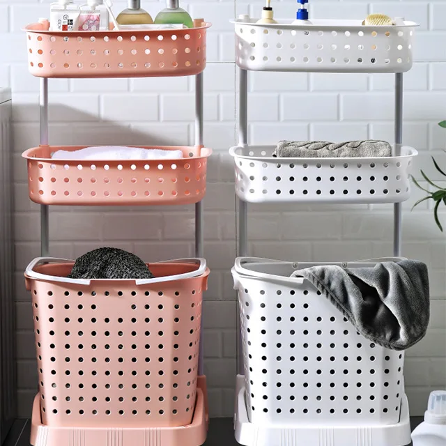 

XingYou 2020 New Bathroom Shampoo Shower Gel Storage Rolling Plastic 3-Tier Laundry Basket Dirty Clothes Basket