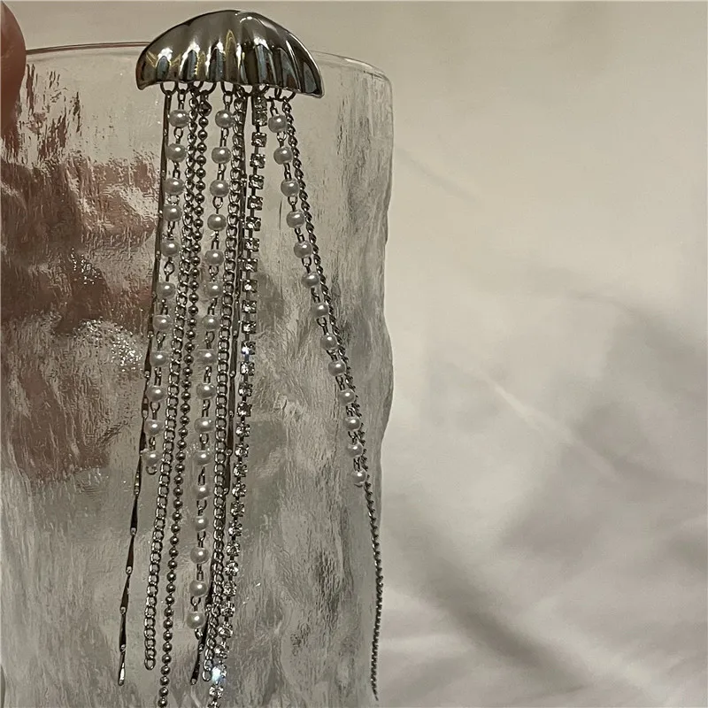 

French Retro Jellyfishs Shape Tassel Earrings Irregular Beaded Tassel Earrings, Silver