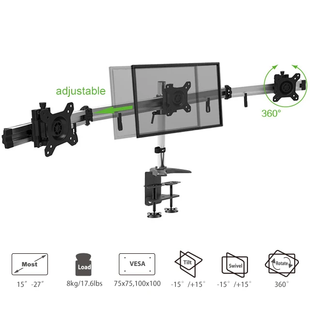 
Black triple monitor adjustable desk mount 3 monitor stand fits 15-27 inch computer screens 